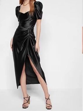 Express Black Satin Midi Dress with Puff Sleeves. Size Medium